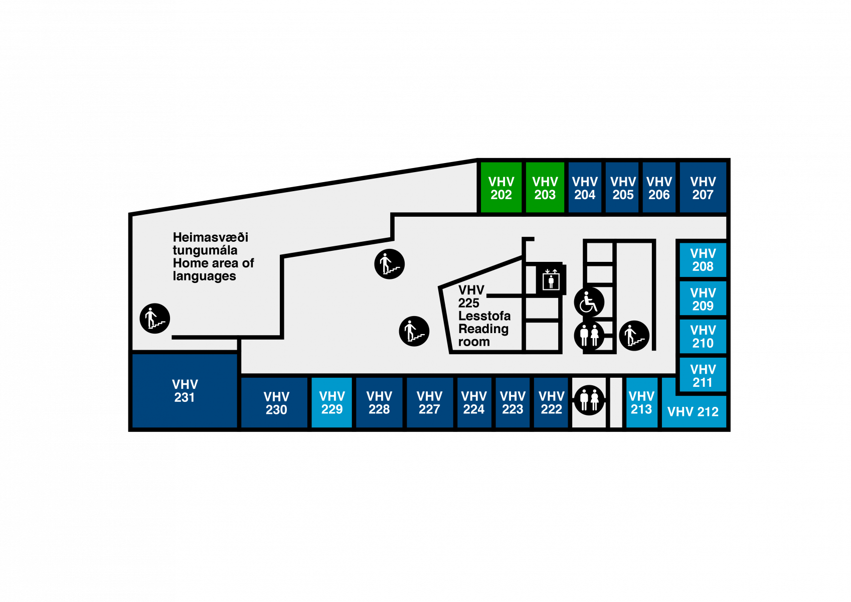 Yfirlitsmynd af Veröld, húsi Vigdísar: 2. hæð